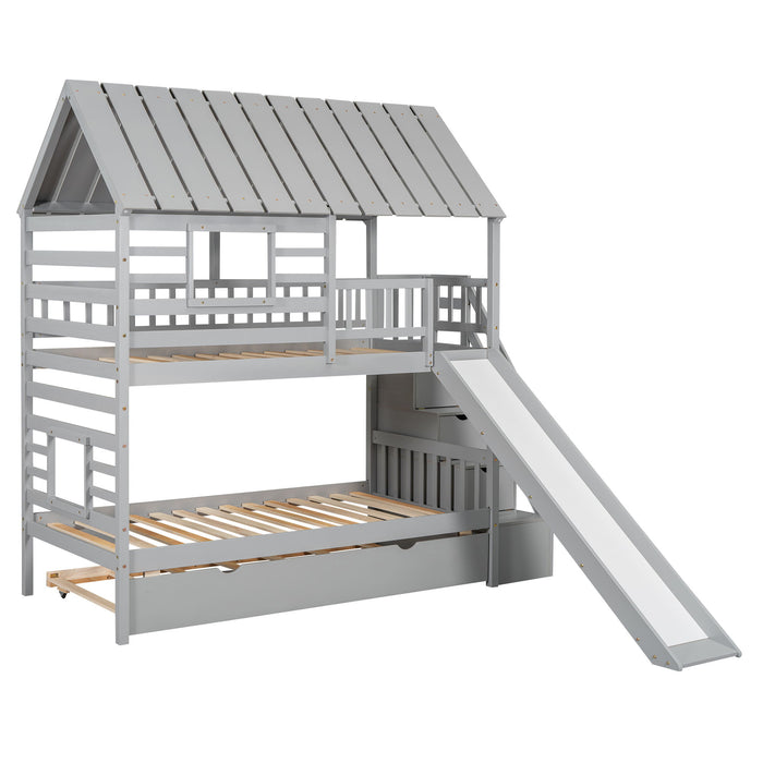 House Bunk Bed With Trundle, Storage Staircase, Roof And Window Design