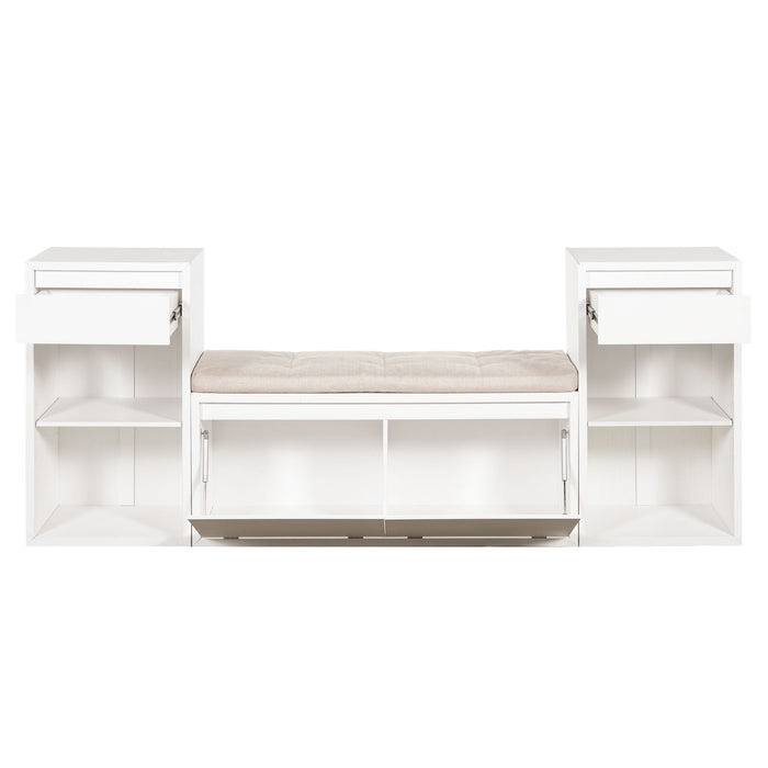 Entryway Storage Bench With Cushion, Drawers & Open Shelves