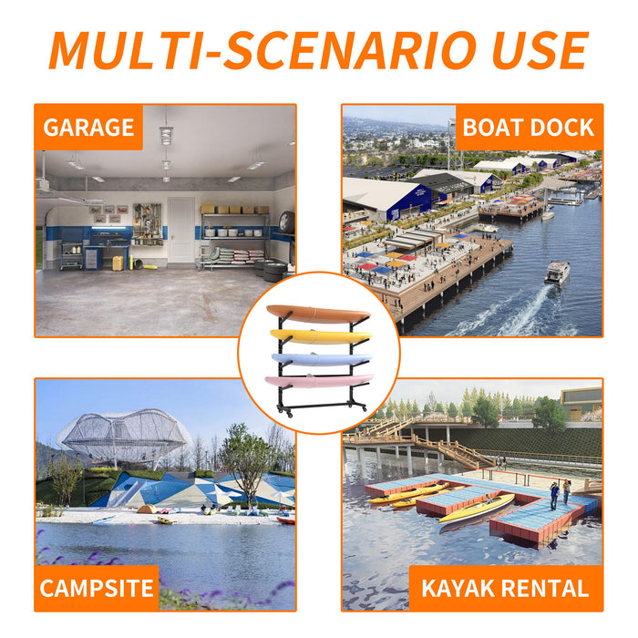 Freestanding Kayak Storage Rack With Lockable Wheels For Kayak, Canoe, Sup & Surfboard