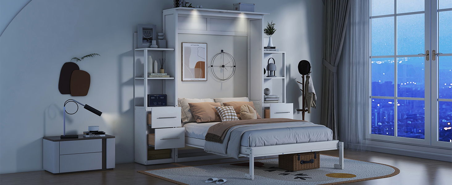 Murphy Wall Bed With Shelves, Drawers And LED Lights