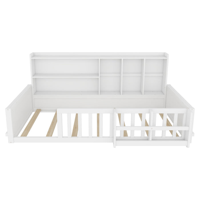 Platform Bed Frame With Guardrail, Storage Shelves & Bookshelf