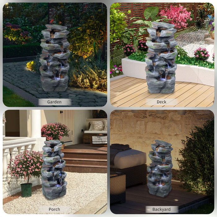 Rock Waterfall Outdoor Fountain With LED Lights - Gray