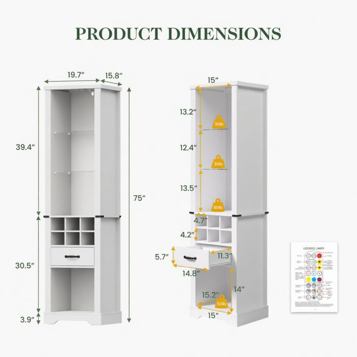 Pantry Cabinet With LED Lights, Wine Rack, Tempered Glass Shelves, And Barn Door Design - White