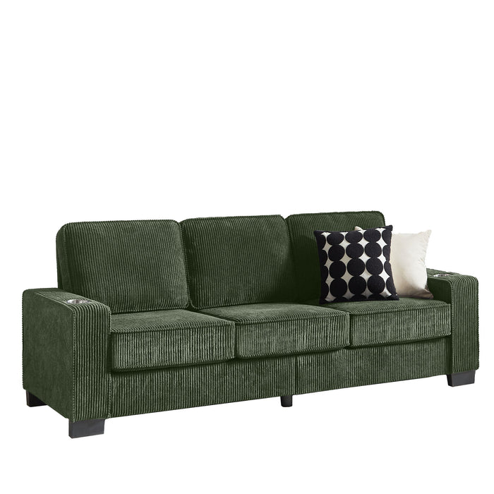Modern Corduroy Fabric Sofa, 3 Seater Compressed Couch With Cup Holders