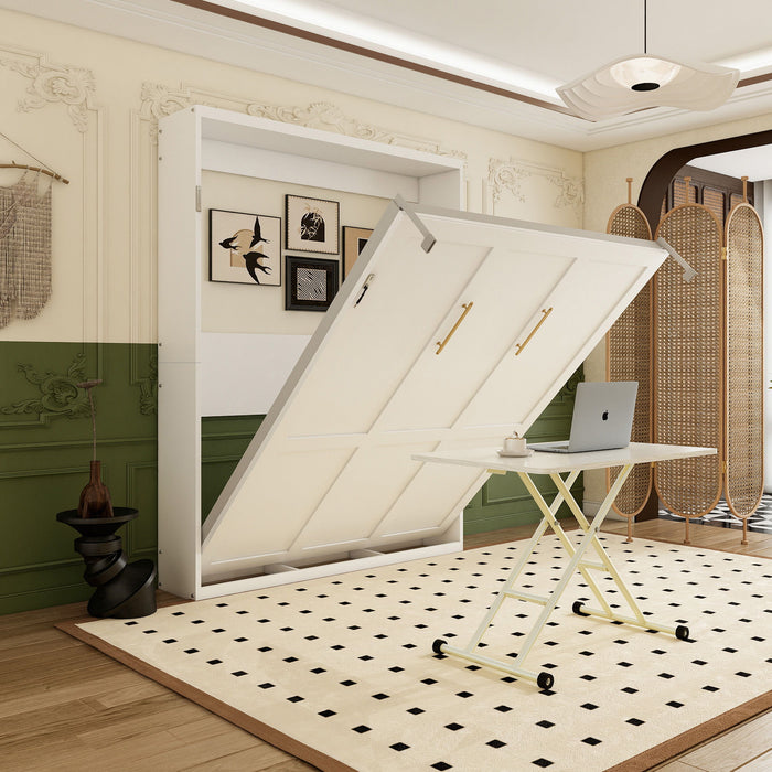 Queen Size Wall Mounted Murphy Bed With Manual Height Adjustable Desk, Cabinet & Frame & Computer Desk - White