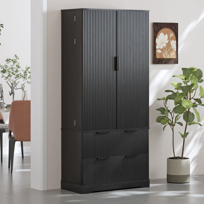 Fluted Kitchen Pantry Cabinet With 2 Large Drawers & 8 Door Spice Rack Freestanding Storage Organizer - Black