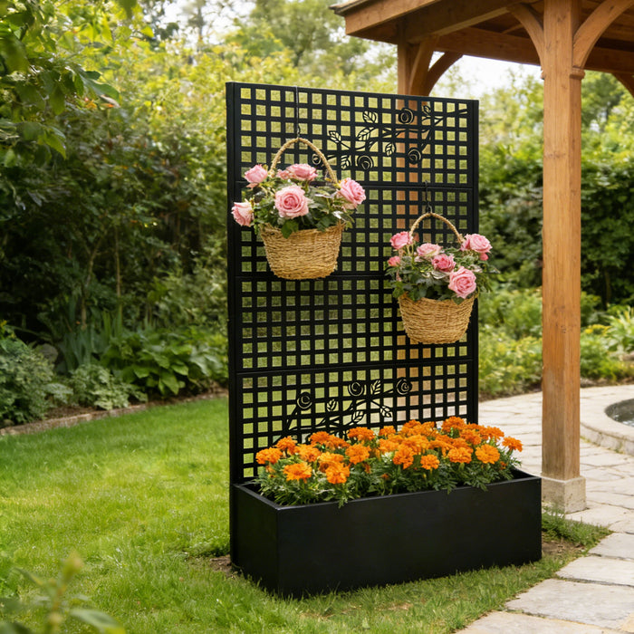 Planter Box With Trellis, Outdoor Raised Garden Bed With Privacy Screen Lattice Panels For Patio - Black