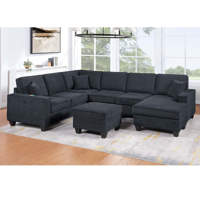 5 Piece Sectional Set With USB Port Left Arm Loveseat Chaise Right Arm Loveseat Corner Wedge Armless Chair Ottoman Upholstered - Black / Slate
