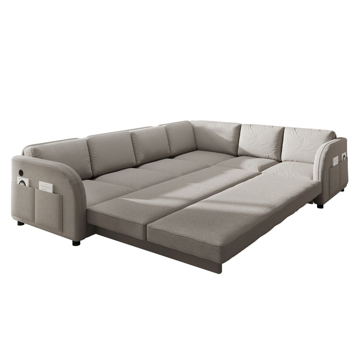 L-Shaped Couch With Pull-Out Bed, Convertible Sleeper Sofa With Side Pocket & USB Port
