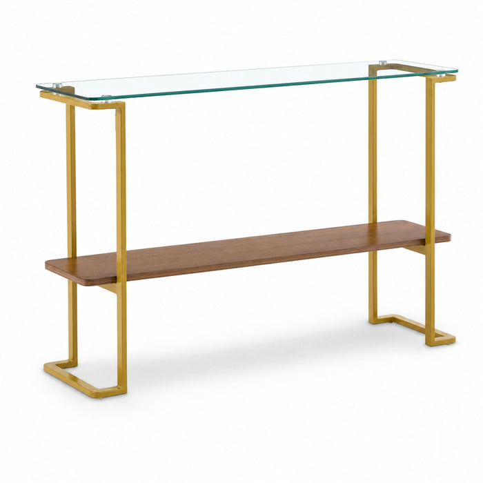 Console Table With Shelf, 2 Tier Living Room - Gold / Walnut
