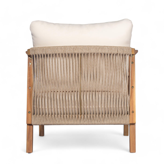 Outdoor Lounge Chair With Woven Backrest, Solid Wood Frame, Comfortable Cushions