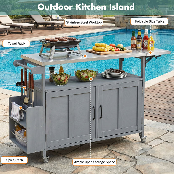 Foldable Outdoor Kitchen Island With Lockable Wheels, Storage Cabinet And Towel Rack For Patio