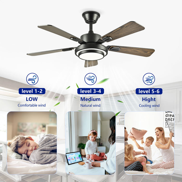 5 Blades Ceiling Fan With LED Light 3000 - 6500K Dimmable, 6 Speed Levels, Reversible Ceiling Fan - Matte Black