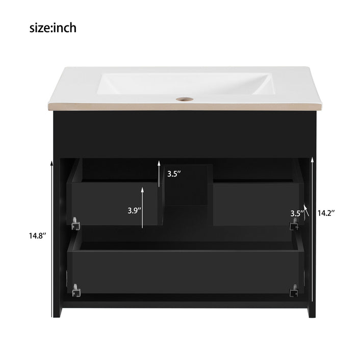 Wall Mounted Floating Cabinet With Double Drawer, Rectangular Sink, Bathroom Vanity With Single Faucet Hole And Overflow - Black
