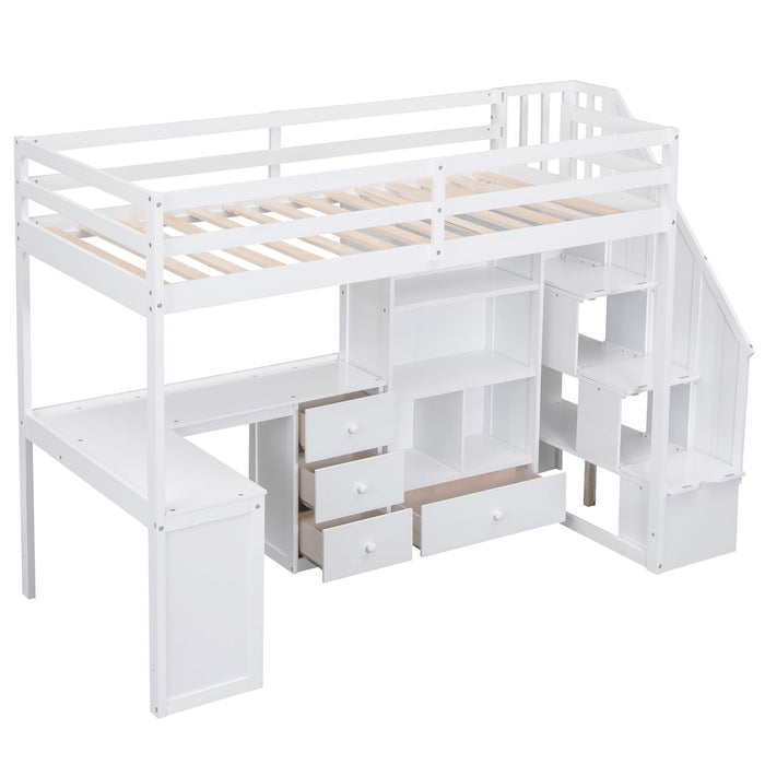 Loft Bed With L Shaped Desk, Drawers, Cabinet, And Storage Staircase