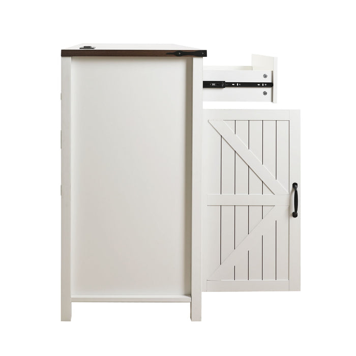 Coffee Bar With Mini Fridge Space & Built In Charging Station, Large Bar Cabinet With Drawers & Adjustable Shelves For Kitchen - White