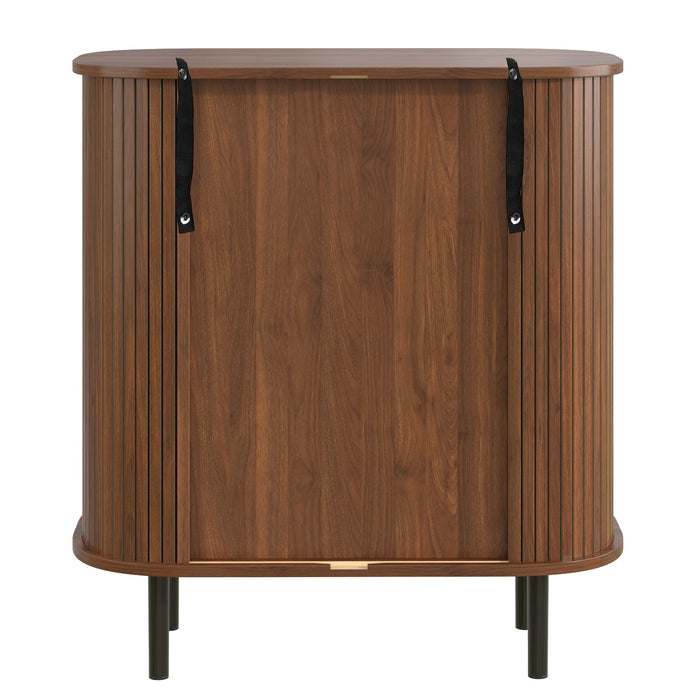 Fluted Wine Bar Cabinet With 8 Grid Wine Rack, 5 Level Adjustable Shelves, 2 Glass Holders