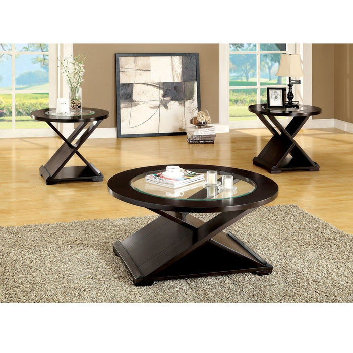Coffee Table With Cross Design Base, Beveled Glass Top - Espresso