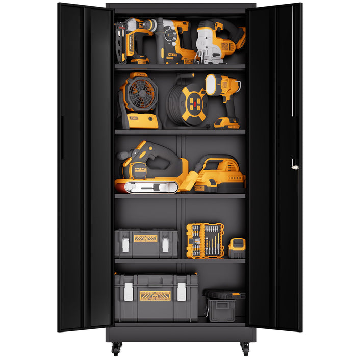 Storage Cabinet With Wheels And Lock, 4 Adjustable Shelves, 3 Point Locking Security, For Tool Organization In Garage - Black