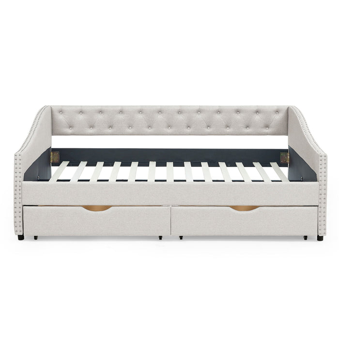 Upholstered Tufted Daybed With Drawers, Waved Arms