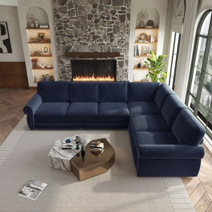 L-Shaped Sofa Couch With Pull Out Bed With Nailhead Trim & Rolled Arm