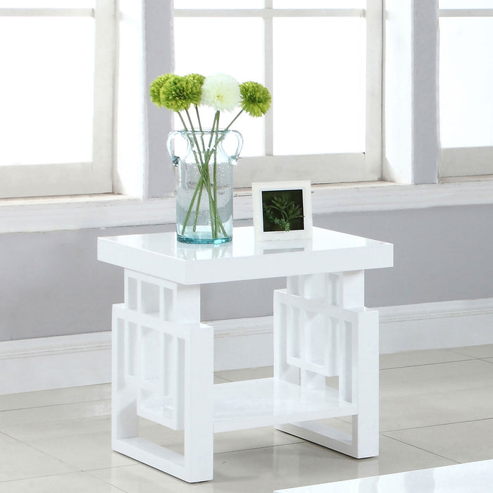 Rectangular End Table With Geometric Design And Open Shelf - White