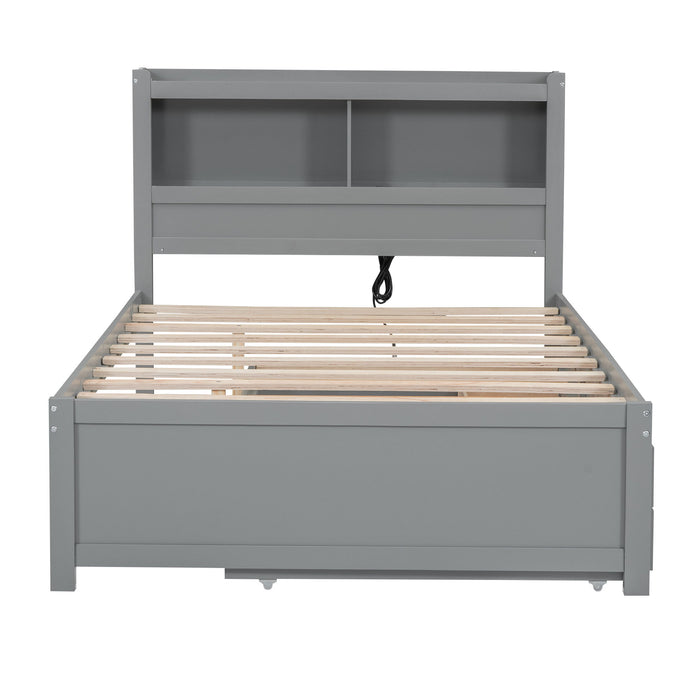 Full Size Platform Bed With Trundle, Drawers, USB Ports And Built In Shelves - Gray