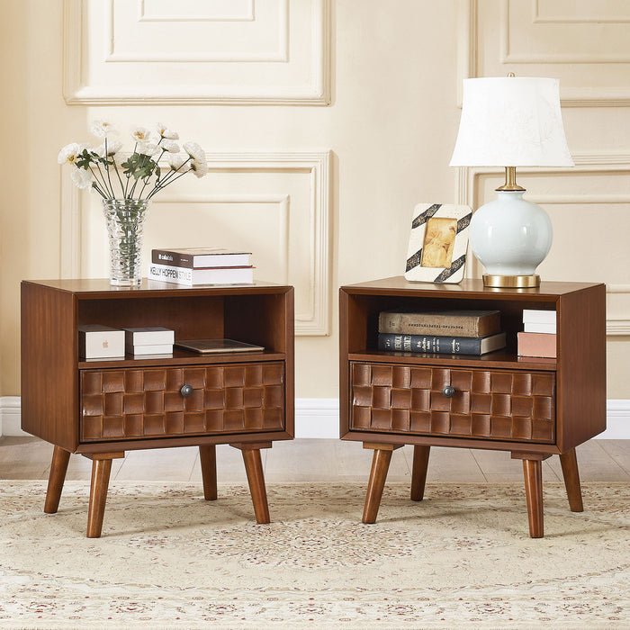 Nightstand With Carved Geometric Drawer Front, 1 Drawer And Open Shelf