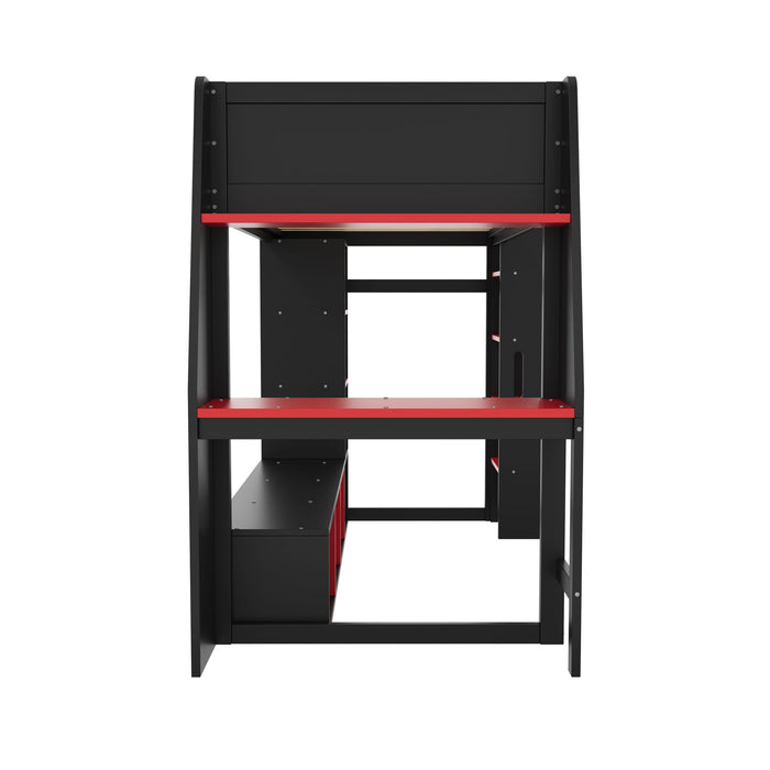 Gaming Loft Bed With Desk, Multi Storage Shelves, LED Lighting, And Hanging Clothes Rack