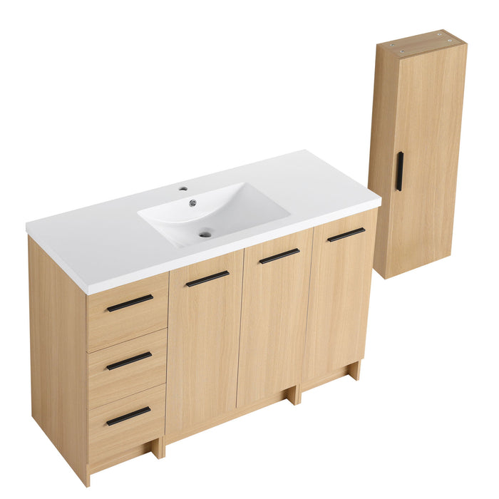 Freestanding Bathroom Vanity Set With Tall Side Cabinet, 3 Drawers And 3 Door Cabinet, Integrated Sink, Large Storage - Glossy White / Light Oak