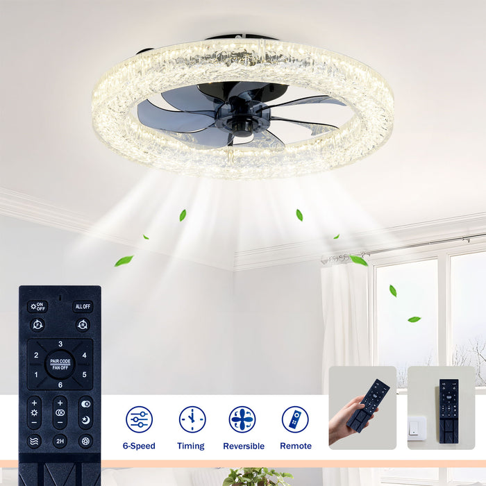 LED Light Source And Remote Control, 3000 - 6500K Dimmable Flush Mount LED Fan Light, 6 Speeds, Quiet DC Motor For Living Room - Matte Black