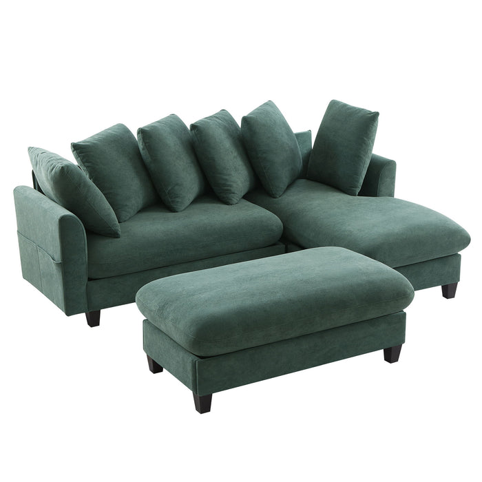 Upholstered L Shaped Sectional Sofa With Storage, Movable Ottoman, And 6 Throw Pillows