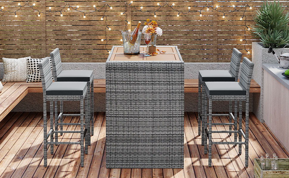 5 Pieces Outdoor Patio Wicker Bar Set, Bar Height Chairs With Non-Slip Feet And Fixed Rope, Removable Cushion, Acacia Wood Table Top - Brown / Gray