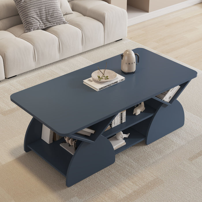 Geometric Engineered Coffee Table With Rounded Corners With Open Shelves