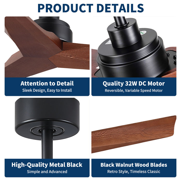 Ceiling Fan Without Light, DC Motor, No Light, Quiet Reversible Ceiling Fan For Living Room - Black