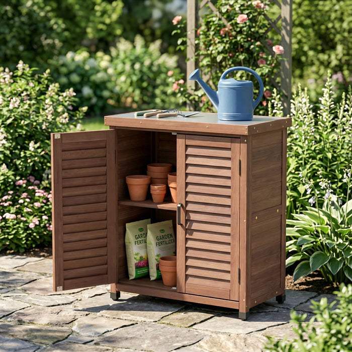 Potting Bench With Storage Cabinet And Metal Table Top For Outdoor