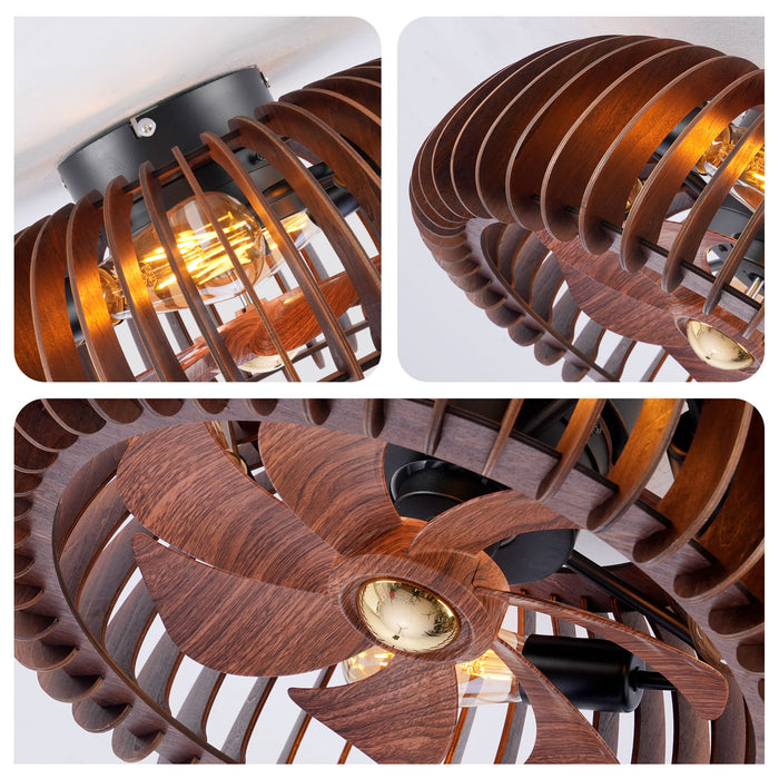 Semicircle Flush Mount Fan Light, (No Included Bulbs) And Remote Control, 6 Speeds, Quiet DC Motor For Living Room - Wood