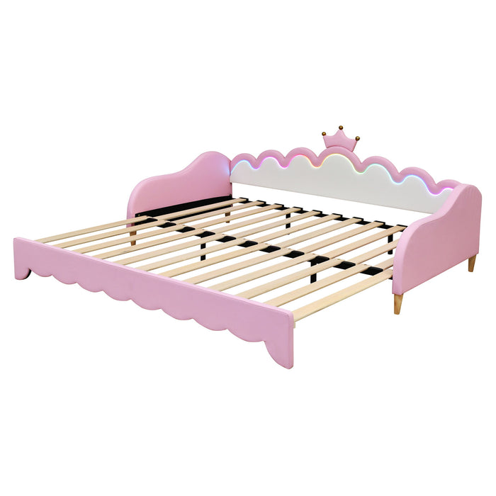 Extending Daybed With LED Lights, Modern Upholstered Princess Daybed With Crown Headboard