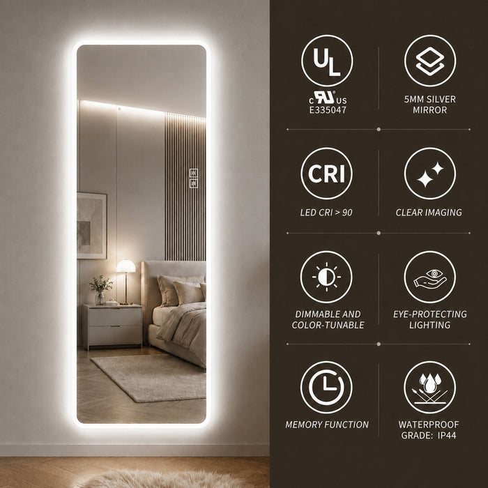 LED Full Length Mirror With Frosted Edge Lighting, 3 Color Temperatures