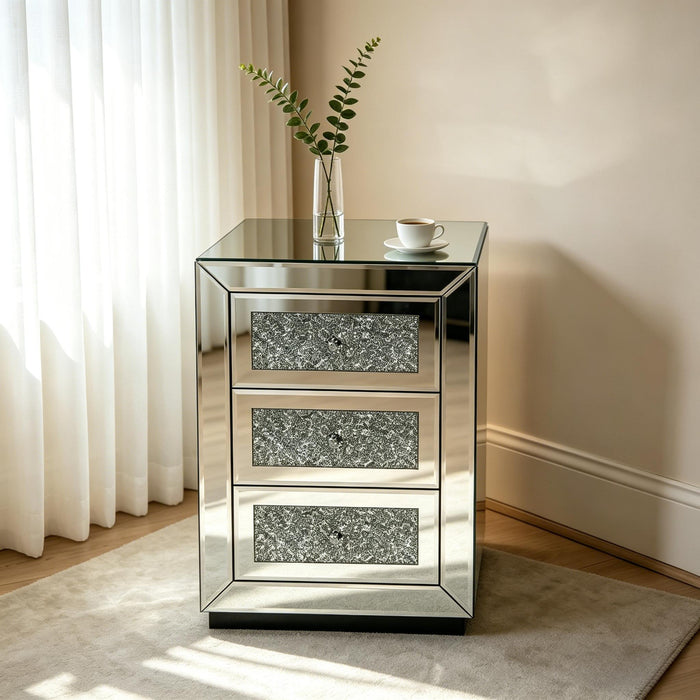 3 Drawer Nightstand With Glass Accents, Bedside Table For Bedroom - Silver