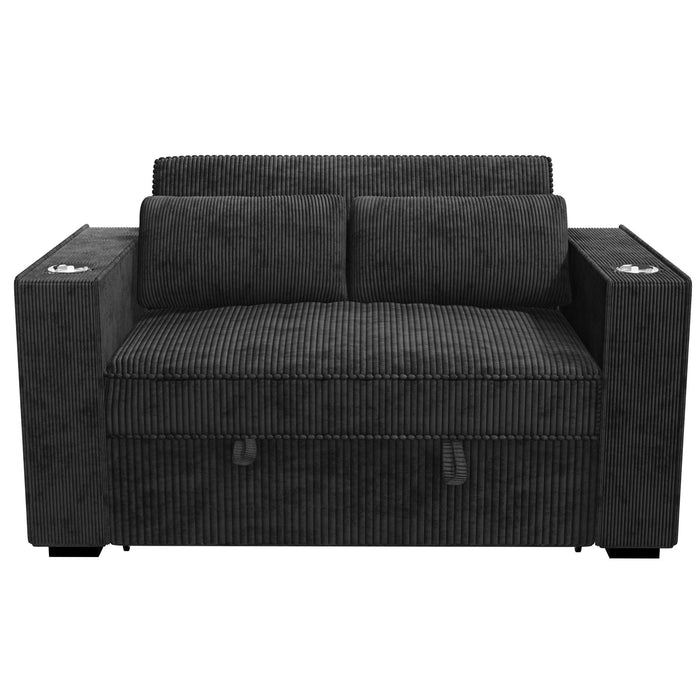 Modern Style Convertible Sofa With Pull-Out Bed, USB Ports & Cup Holders