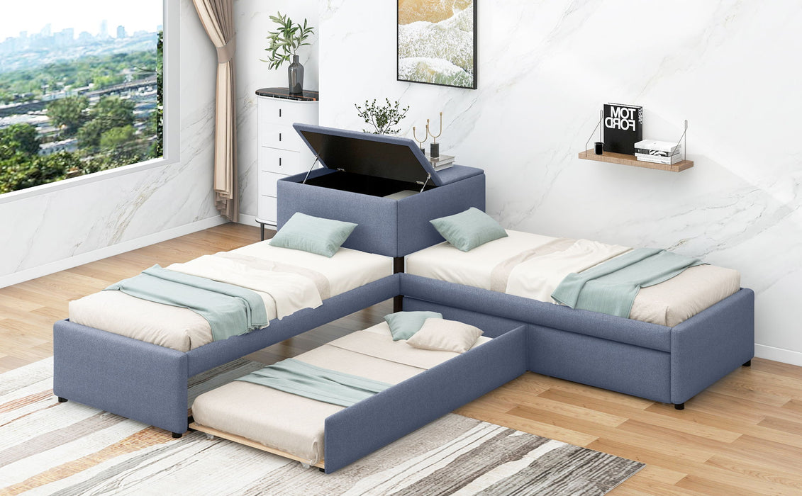 L Shaped Upholstered Platform Bed With Trundle And 2 Drawers Linked With Built In Desk