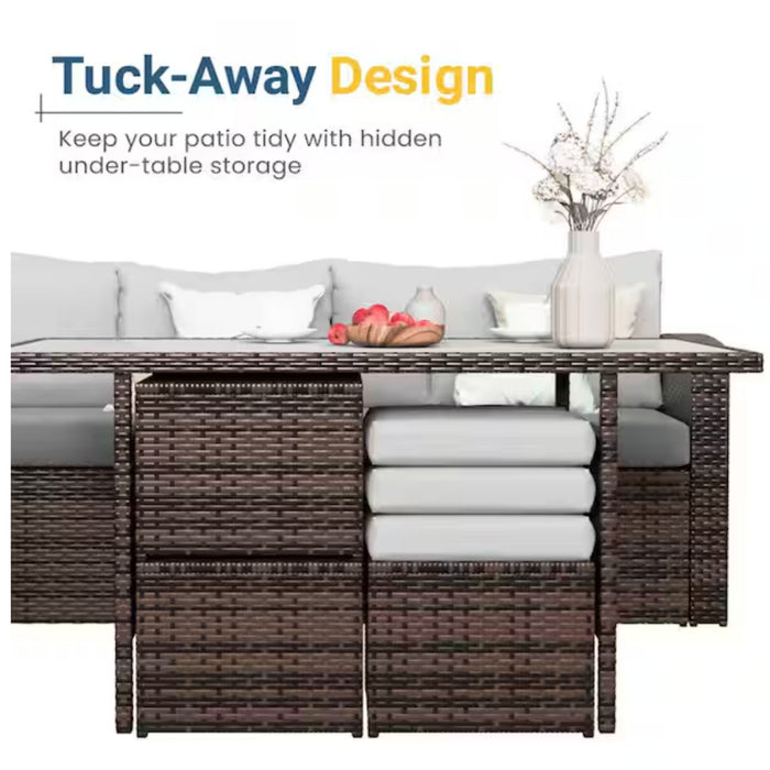 7 Piece Outdoor Dining Set With Cushions, Modular Sectional Sofa And Table