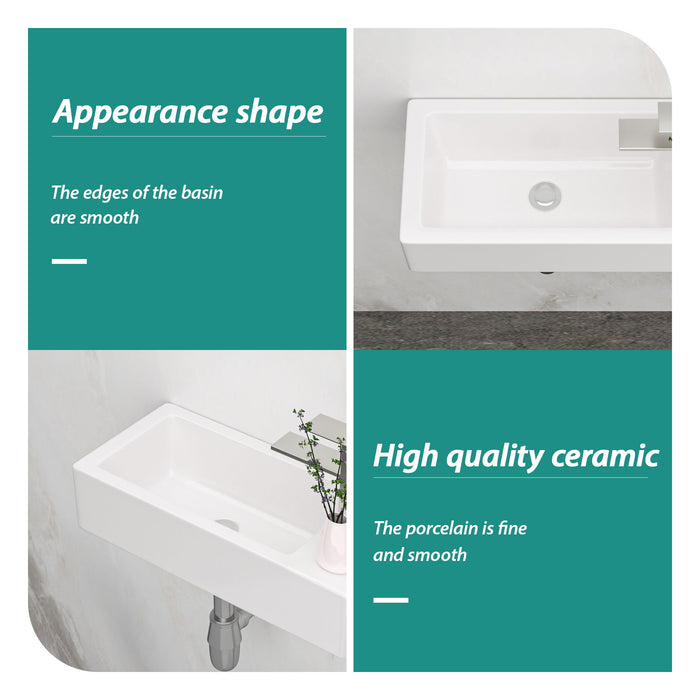 Modern Ceramic Rectangle Wall Mount Bathroom Sink With Single Faucet Hole - White