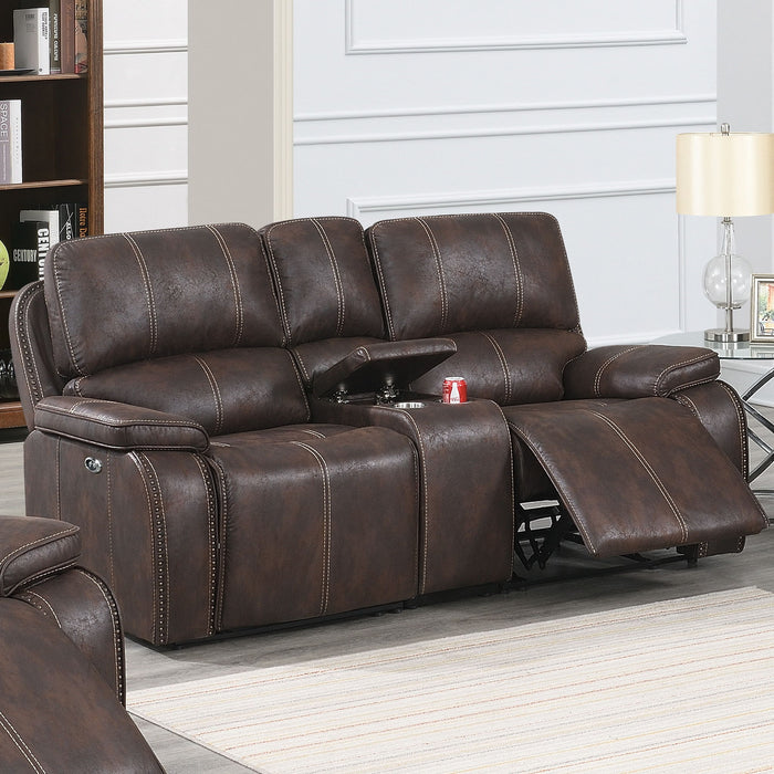 Power Reclining Loveseat With USB Port Leather Upholstered, Built In Cup Holder - Chocolate