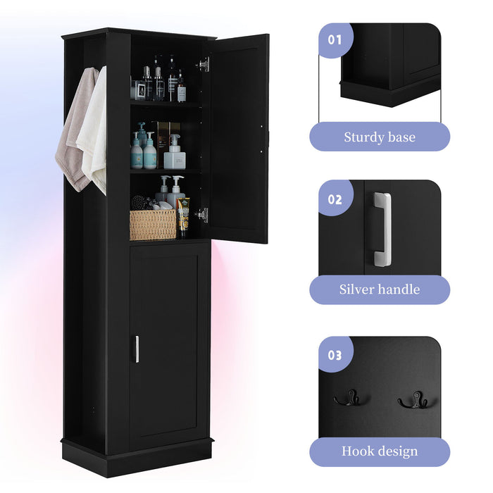Tall Freestanding Bathroom Storage Cabinet With Adjustable Shelves And Side Hooks