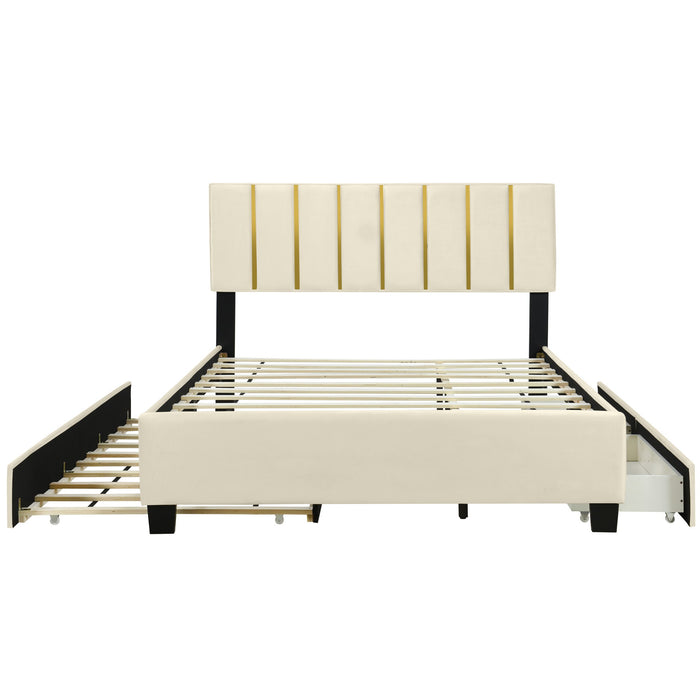 Upholstered Platform Bed With 2 Drawers And 1 Trundle, Classic Strip Headboard Design