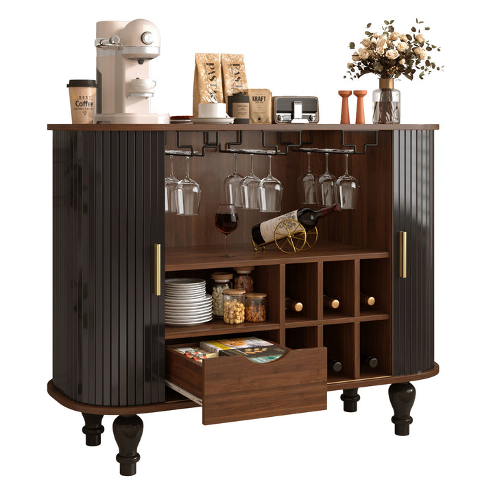 Fluted Liquor & Coffee Bar Cabinet With 6 Wine Racks And 3 Glass Holders