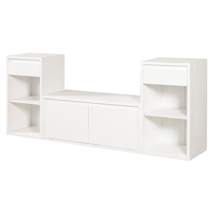 Entryway Storage Bench With Cushion, Drawers & Open Shelves
