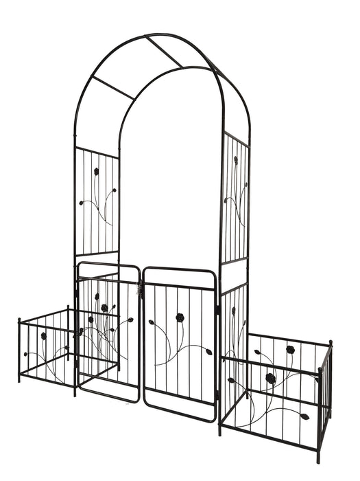 Metal Garden Arch With Gate Wide High Climbing Plants Support Rose Arch Outdoor - Black